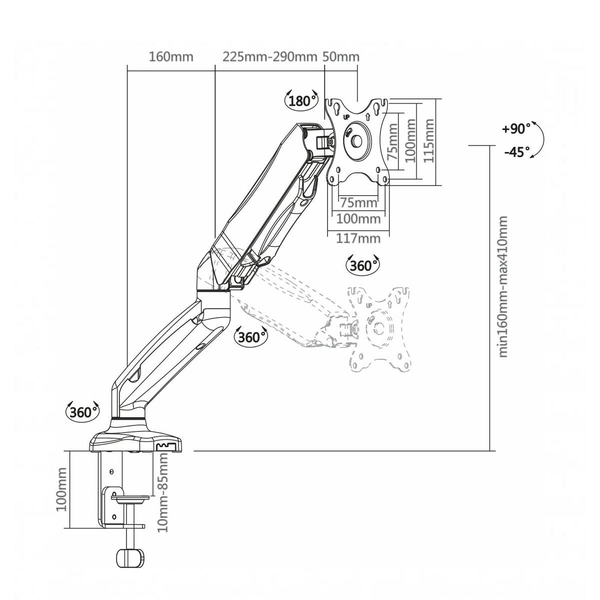 SOPORTE ERGONOMICO LCD MESA 1 BRAZO, 13-27', GIRO 180°, VESA 100X100